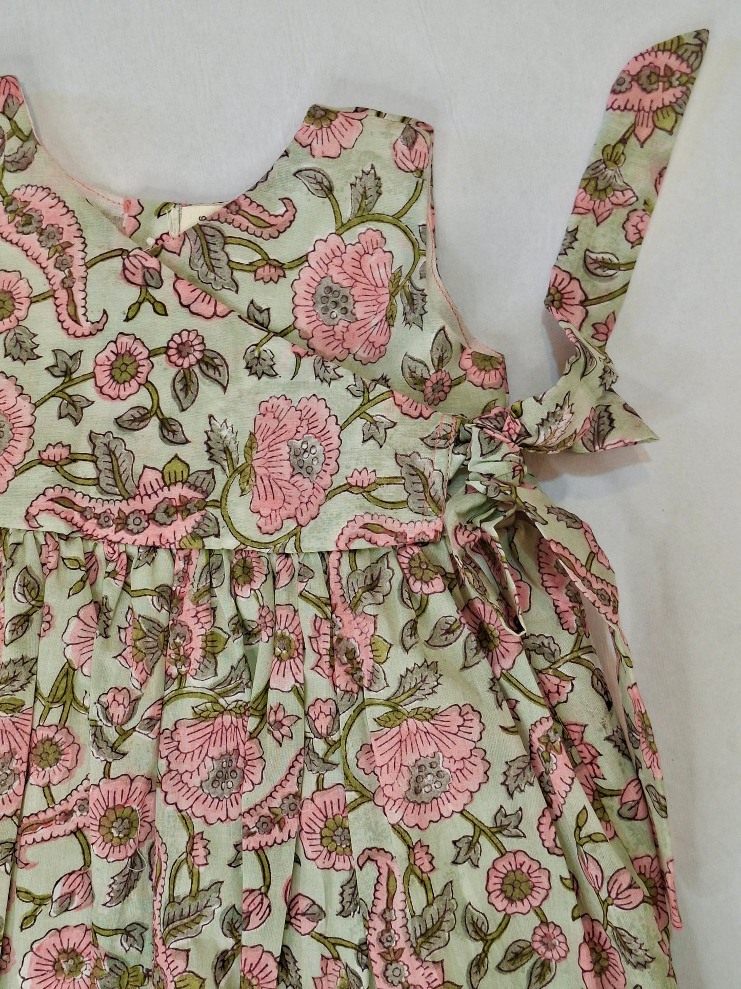 Handblock Mul Cotton Angarkha Frock with Side Bow - Pastel Fluwari Buta