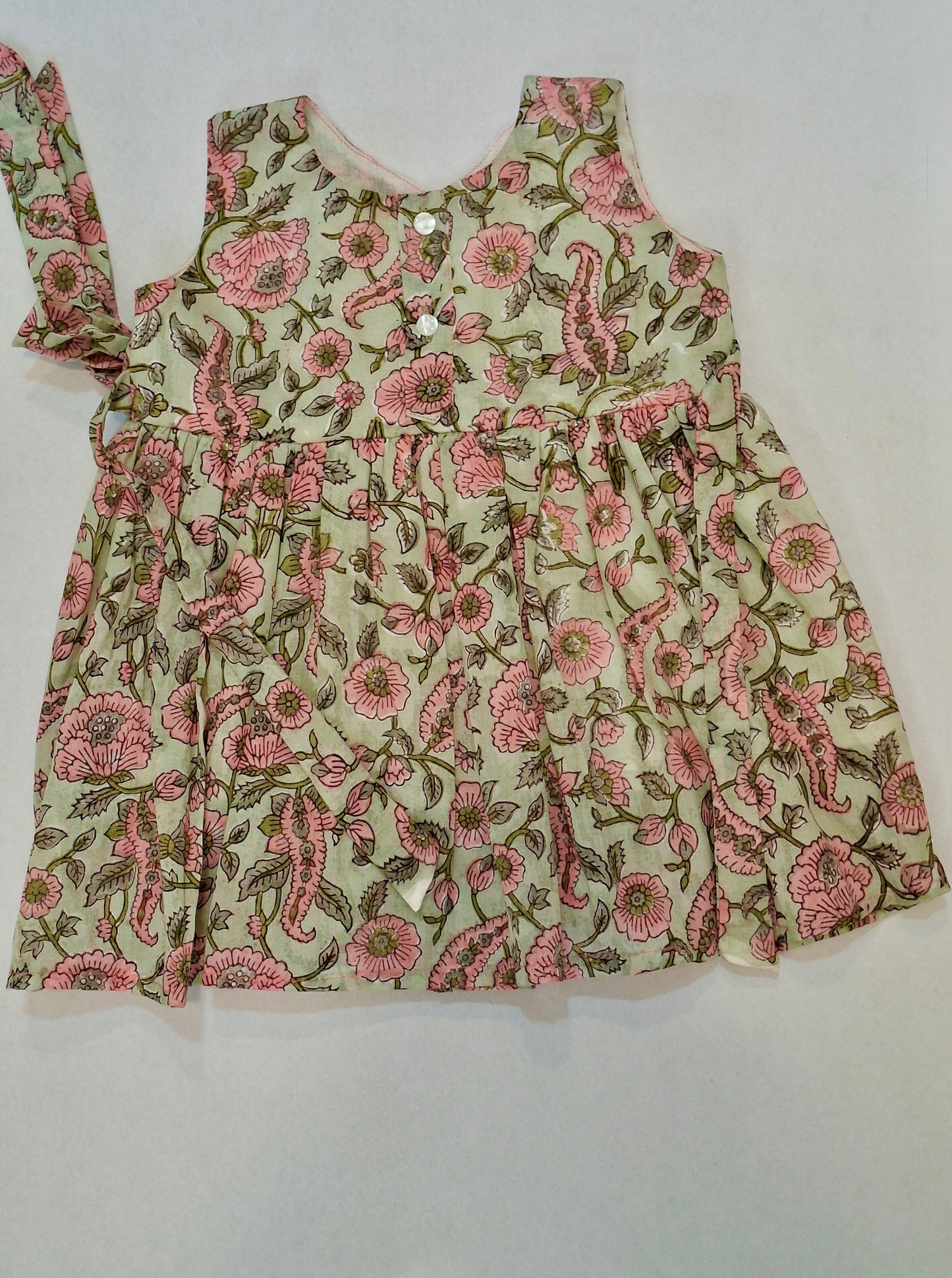 Handblock Mul Cotton Angarkha Frock with Side Bow - Pastel Fluwari Buta