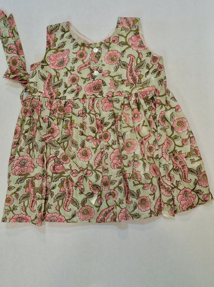 Handblock Mul Cotton Angarkha Frock with Side Bow - Pastel Fluwari Buta