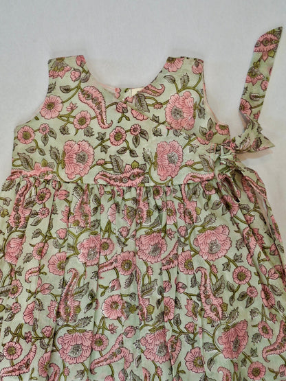 Handblock Mul Cotton Angarkha Frock with Side Bow - Pastel Fluwari Buta