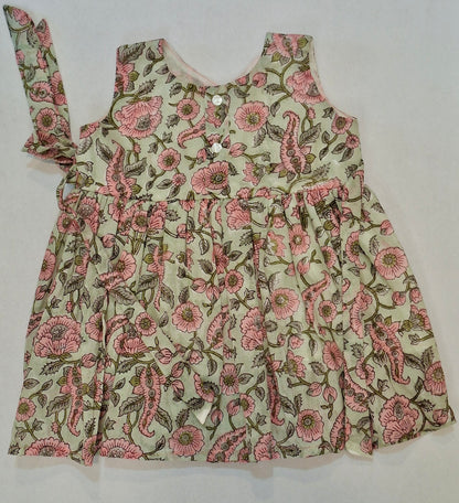 Handblock Mul Cotton Angarkha Frock with Side Bow - Pastel Fluwari Buta