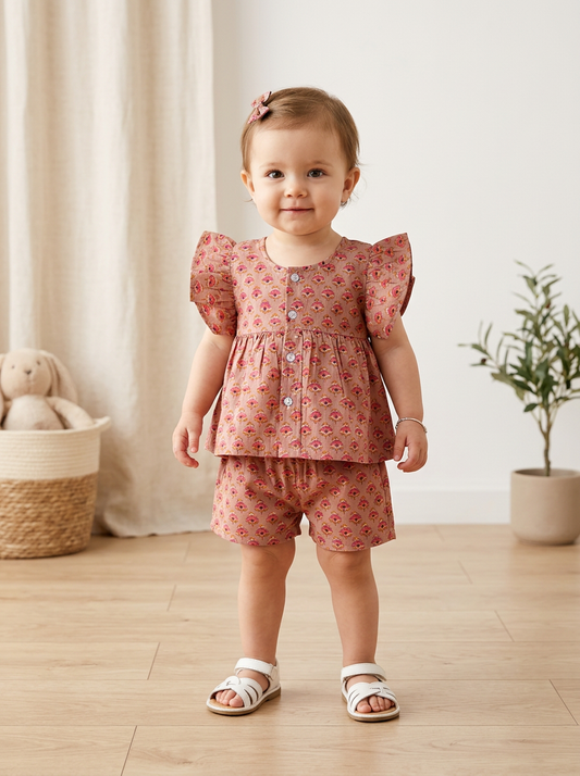 Earthy Daffodill HandBlock Mul Cotton Girl Co-Ord Set