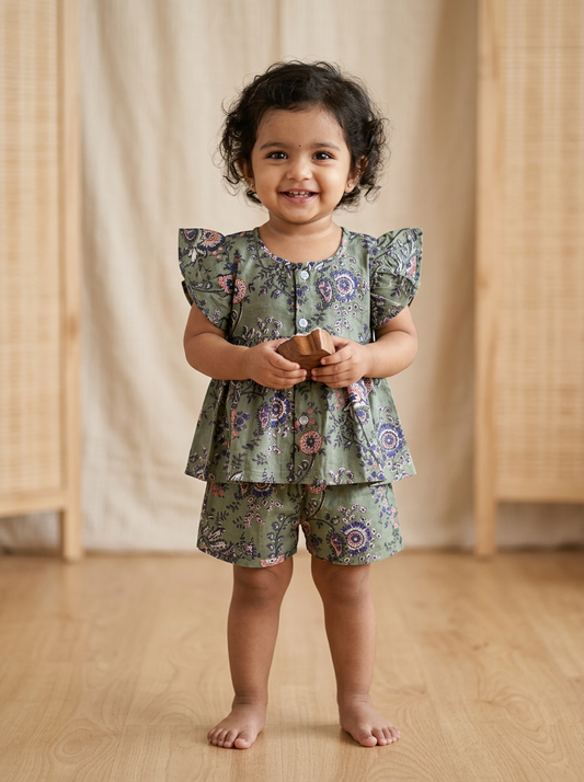 Olive Phool Bhaag HandBlock Mul Cotton Girl Co-Ord Set