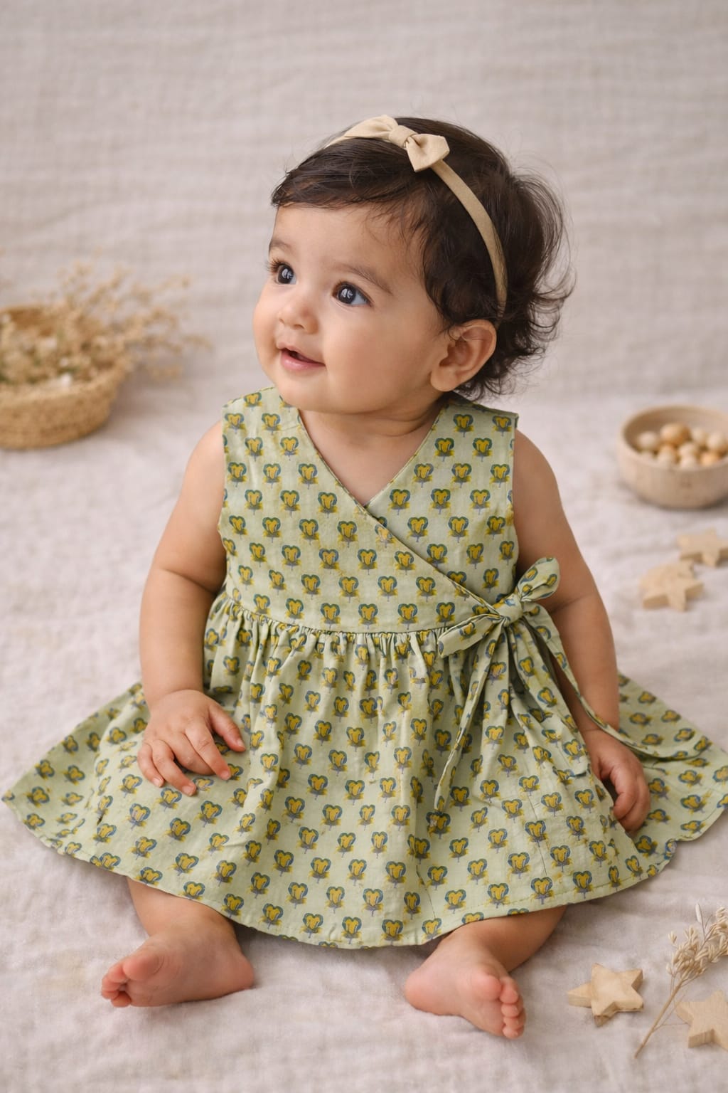 Siya Little Olive Handblock Print Angarkha With Side Bow Mul Mul Cotton Frock