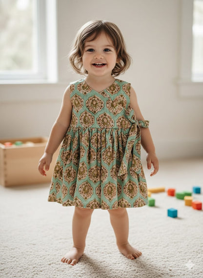 Harini HandBlock Angarkha With Side Bow Mul Mul Cotton  Frock