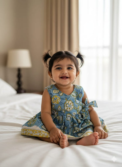 Neel Phool Jaal Angarkha With Side Bow Mul Mul Cotton Frock