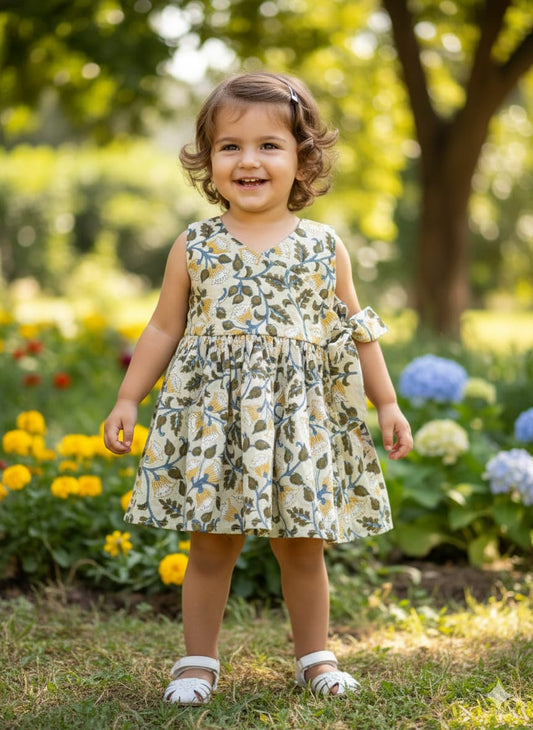 Handblock Mul Cotton Angarakha Frock with Side Bow- Forest Dew