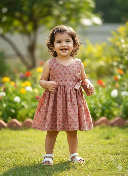 Little Daffodil Handblock Mul Mul Cotton Angarkha Frock with Side Bow