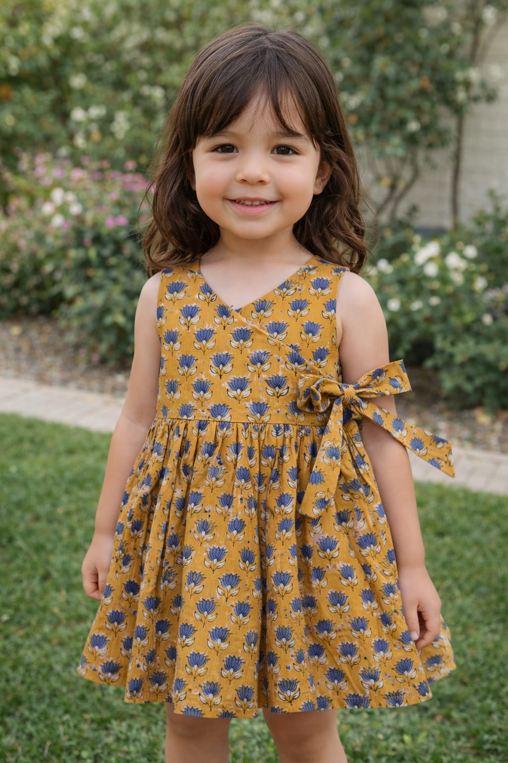 Mustard Neel Kamal Angarkha With Side Bow Mul Mul Cotton Frock