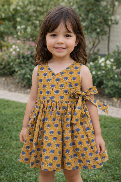 Mustard Neel Kamal Angarkha With Side Bow Mul Mul Cotton Frock