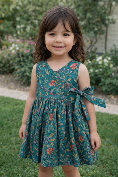 Peacock Green Floral Angarkha Frock with Side Bow Frock