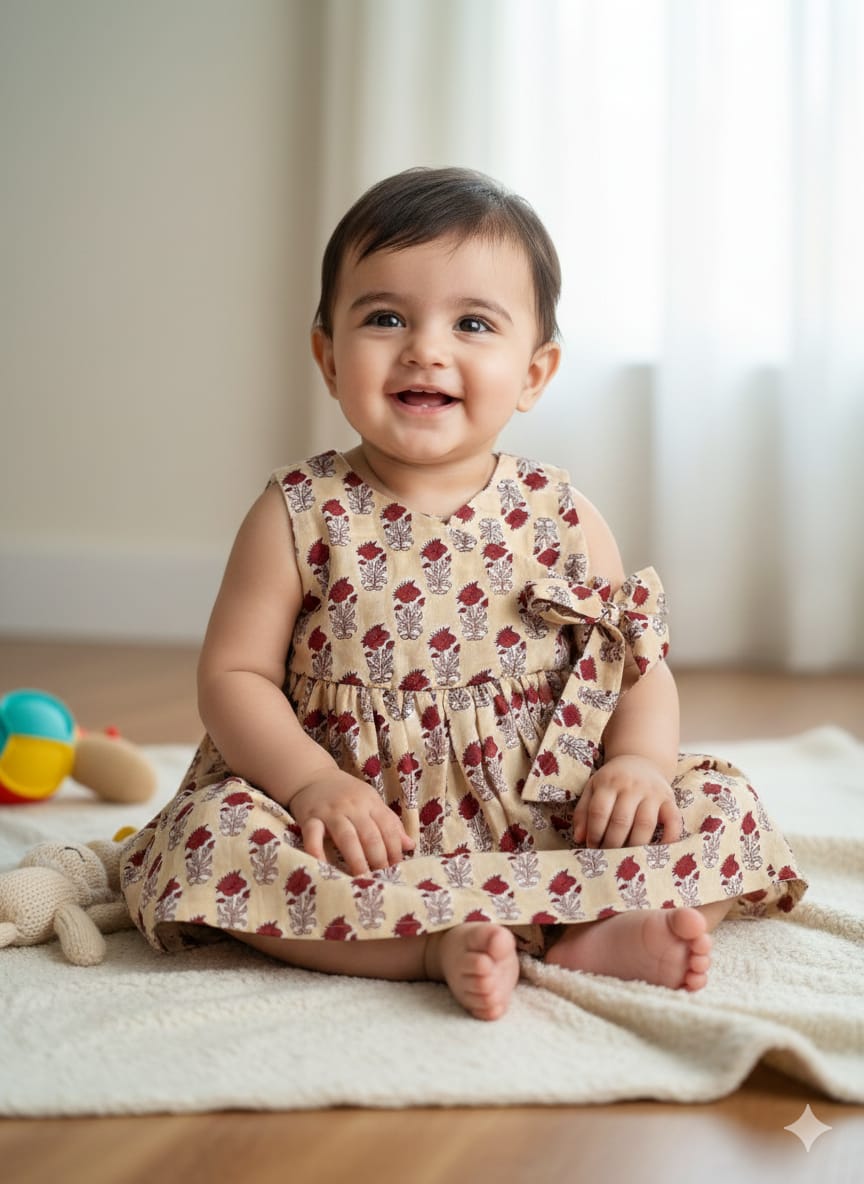 Red Nanhi Phool Angarkha Side Bow Mul Mul Cotton Handblock Print Frock