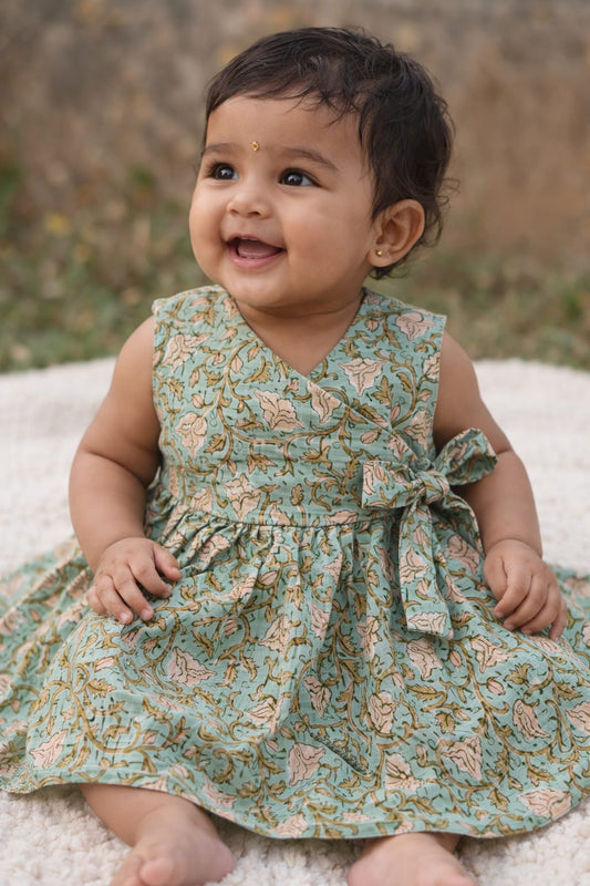 Latika Bel Handblock Angarkha With Side Bow Mul Mul Cotton Frock