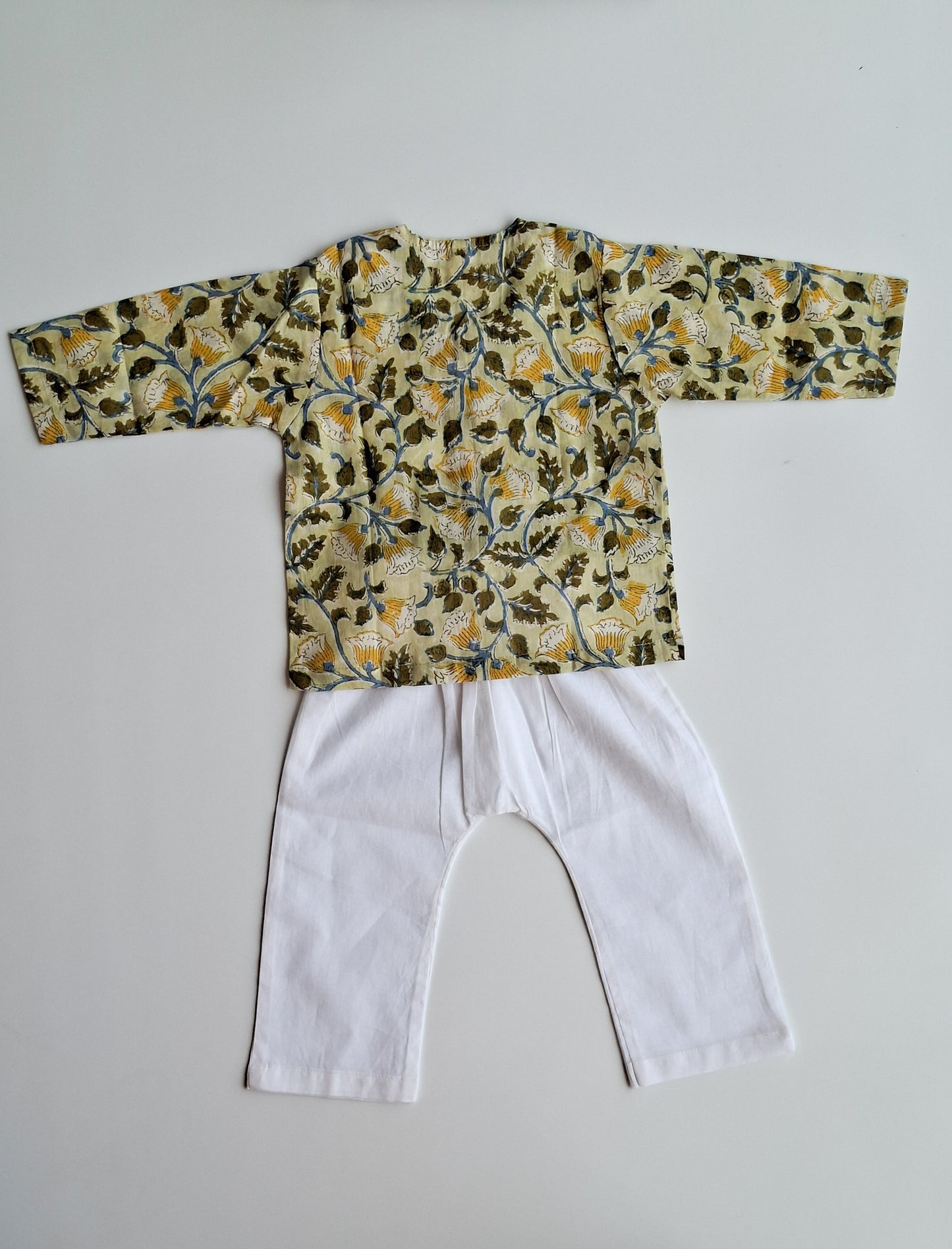 Yellow FLoral handblock printed mulmul cotton jhabla for newborn baby back view