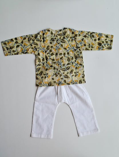 Yellow FLoral handblock printed mulmul cotton jhabla for newborn baby back view