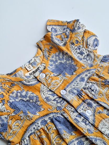 atibatti-newborn-dress-set-mustard-handblock-print-closeview