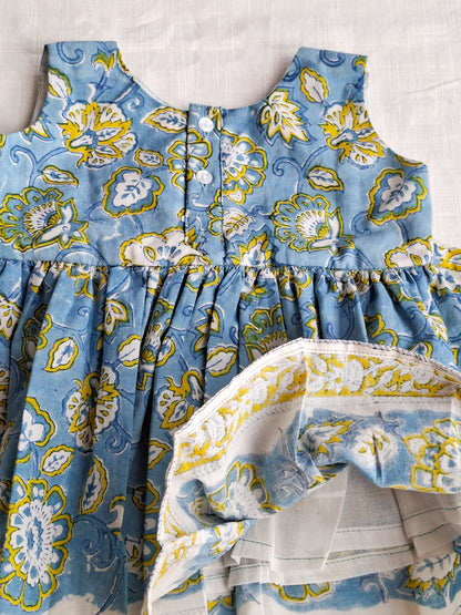 Neel Phool Jaal Angarkha With Side Bow Mul Mul Cotton Frock