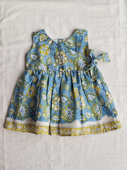 Neel Phool Jaal Angarkha With Side Bow Mul Mul Cotton Frock