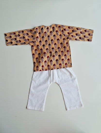 cream rose soft cotton jhabla for newborn with traditional Indian handblock print back view