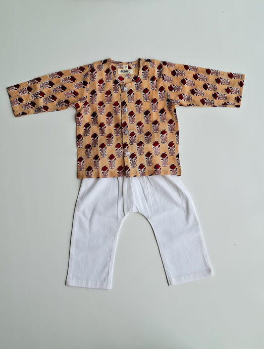 cream rose soft cotton jhabla for newborn with traditional Indian handblock print front view