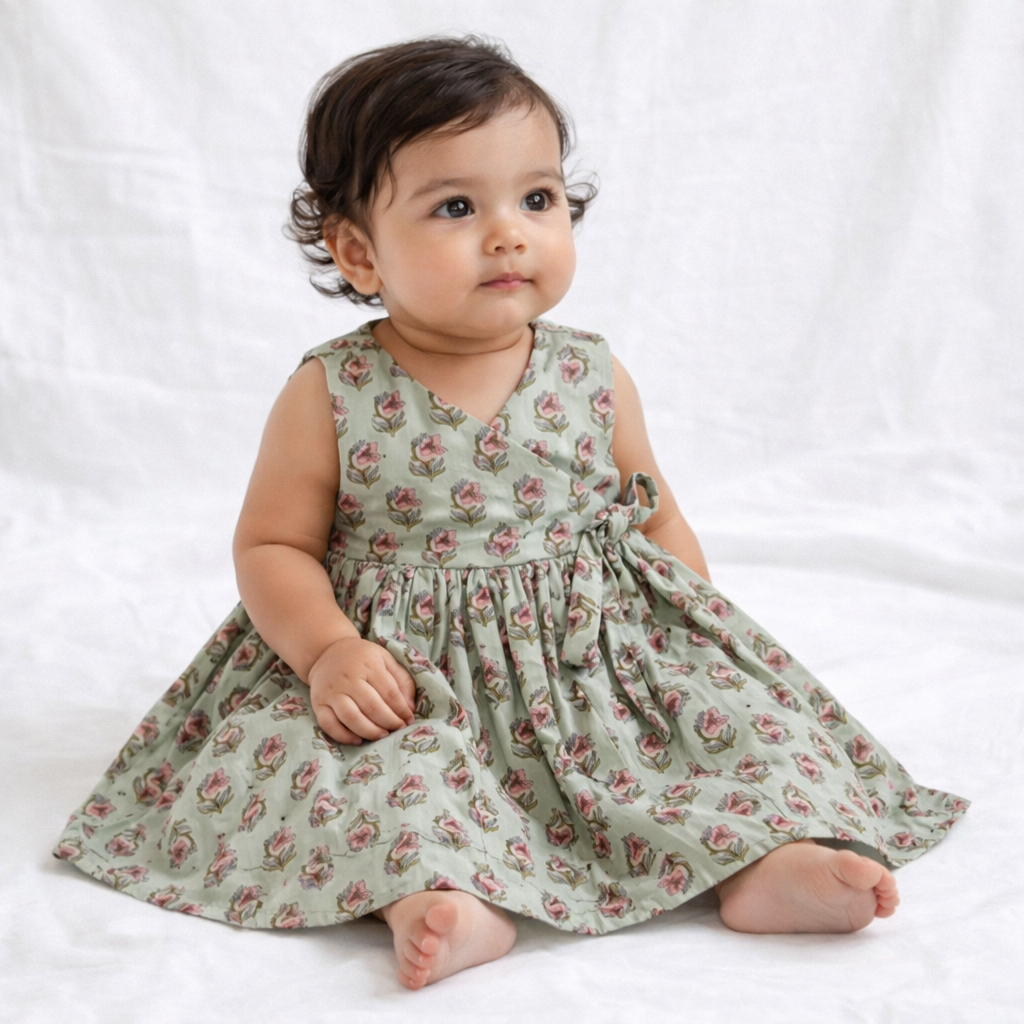 Handblock Mul Cotton Angarkha Frock with Side Bow - Pastel Flower Butta