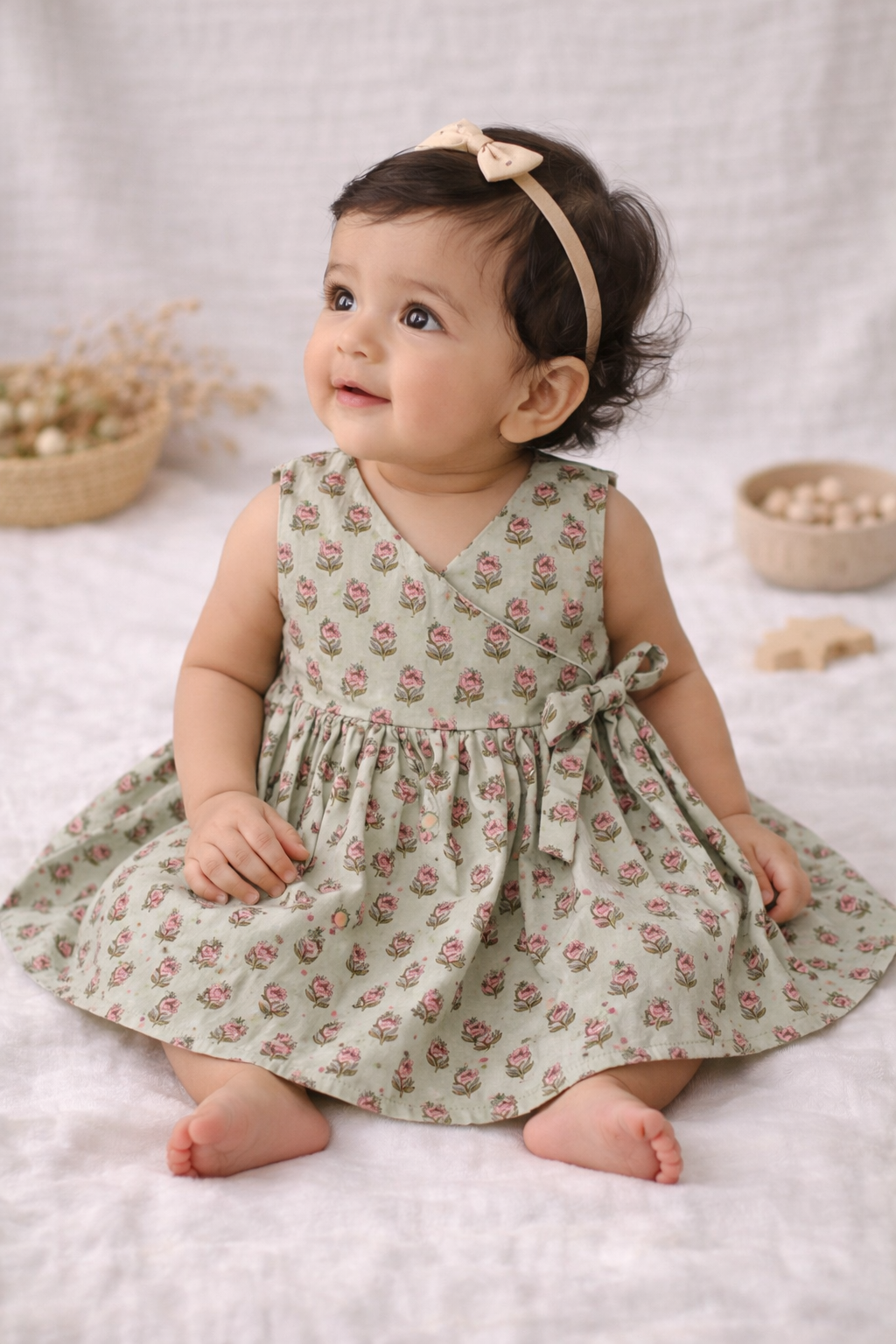 Handblock Mul Cotton Angarkha Frock with Side Bow - Pastel Flower Butta