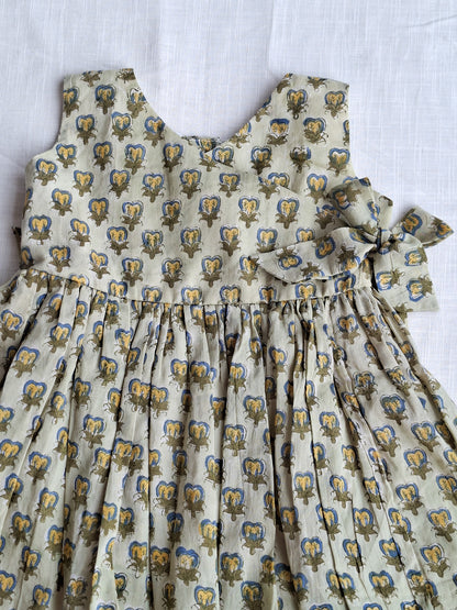 Siya Little Olive Handblock Print Angarkha With Side Bow Mul Mul Cotton Frock