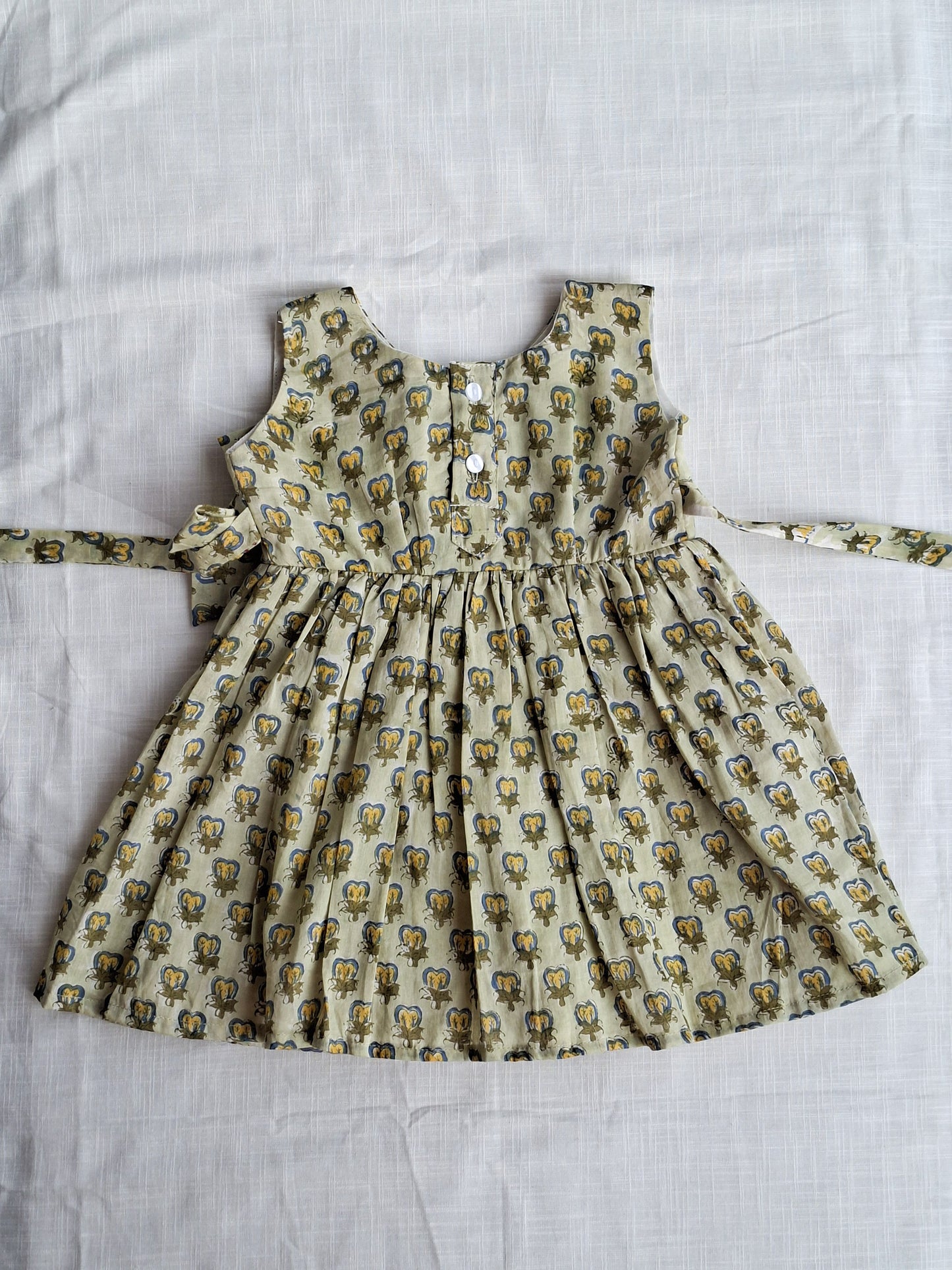 Siya Little Olive Handblock Print Angarkha With Side Bow Mul Mul Cotton Frock