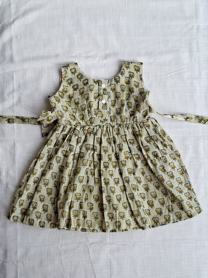 Siya Little Olive Handblock Print Angarkha With Side Bow Mul Mul Cotton Frock