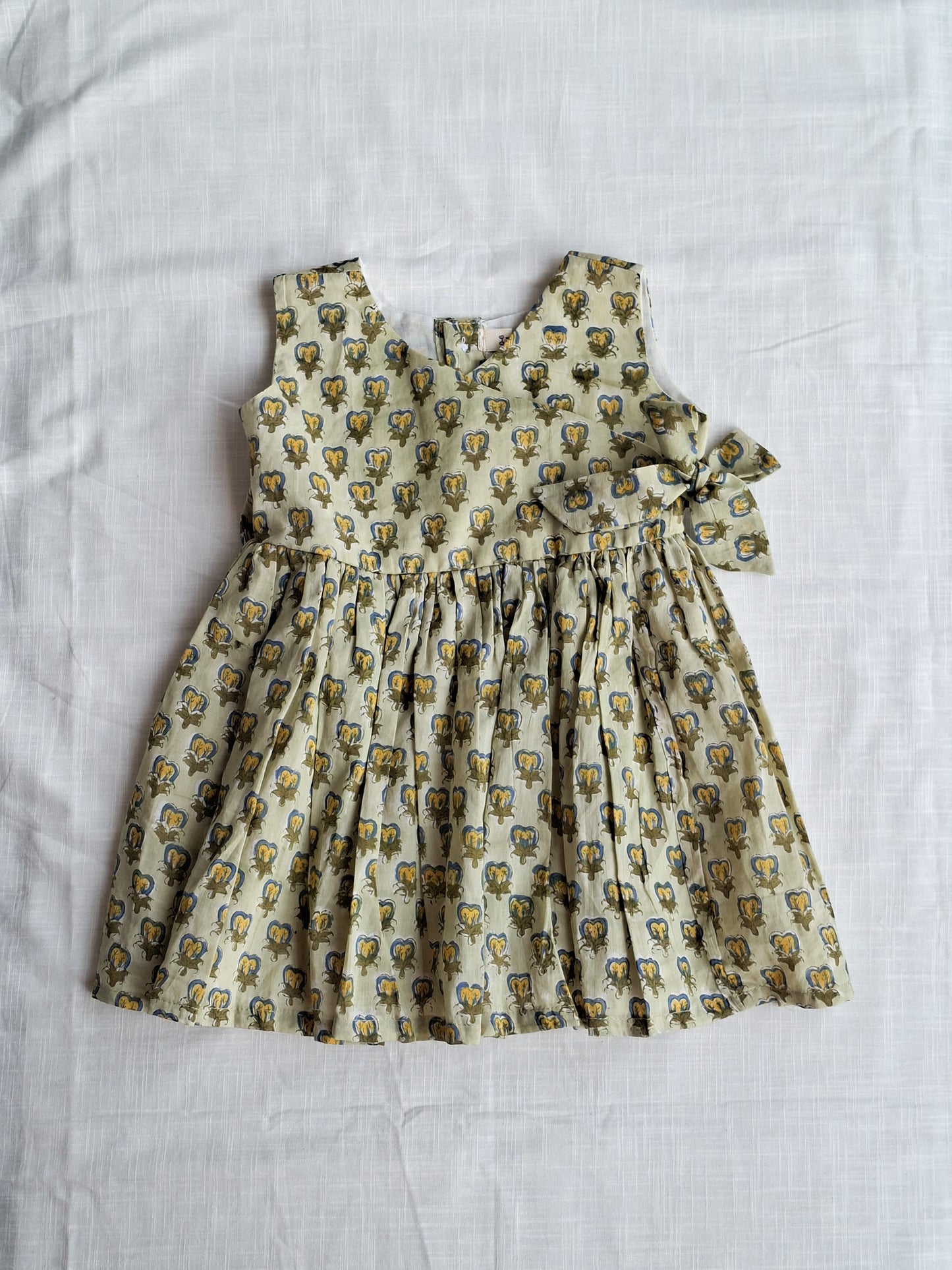 Siya Little Olive Handblock Print Angarkha With Side Bow Mul Mul Cotton Frock