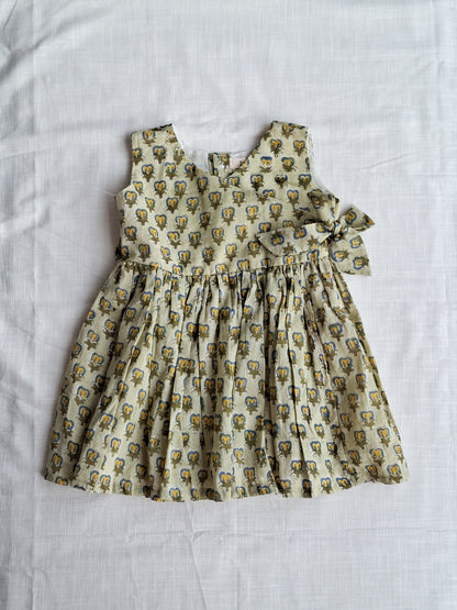 Siya Little Olive Handblock Print Angarkha With Side Bow Mul Mul Cotton Frock