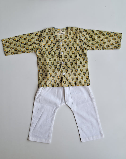 green handblock printed mulmul cotton jhabla for newborn baby front view