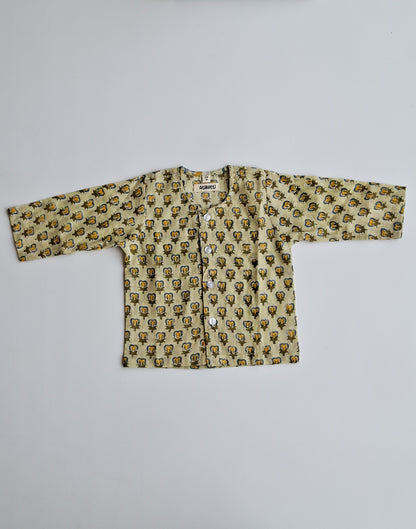 green handblock printed mulmul cotton jhabla for newborn baby top view