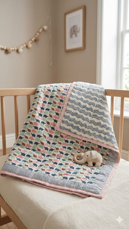 Little Elephant Mulmul Cotton Baby Quilt – Handcrafted & Reversible