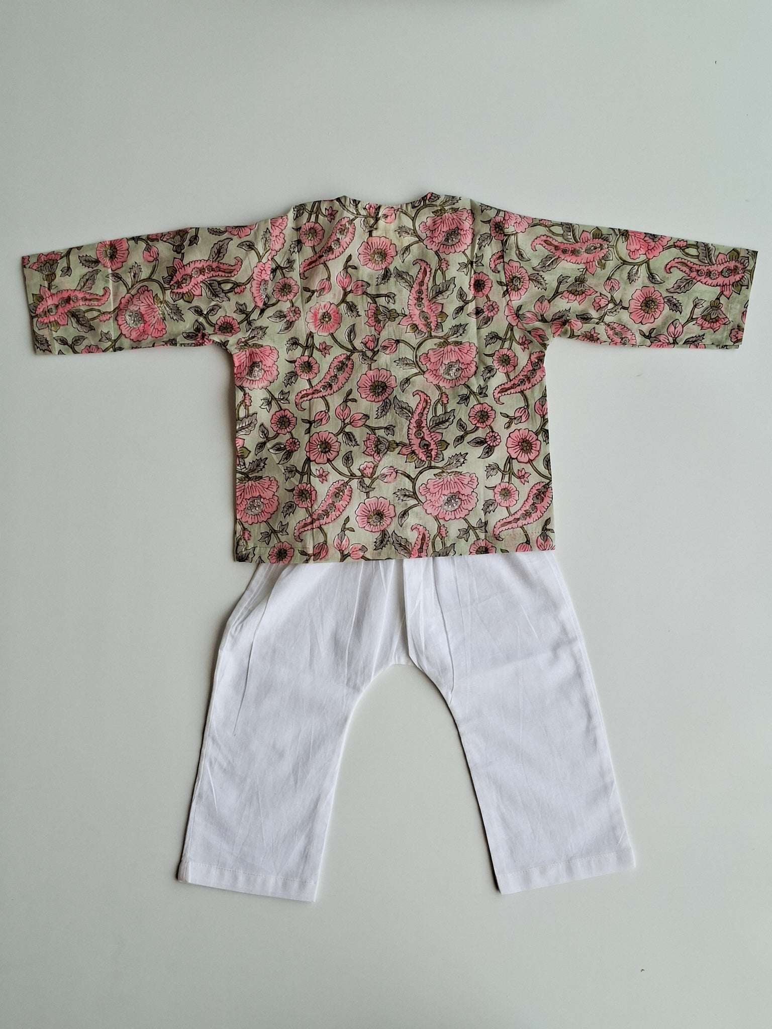 pastel floral soft cotton jhabla for newborn with traditional Indian handblock print back view