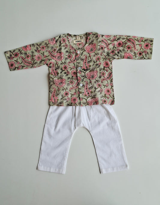 pastel floral soft cotton jhabla for newborn with traditional Indian handblock print front view