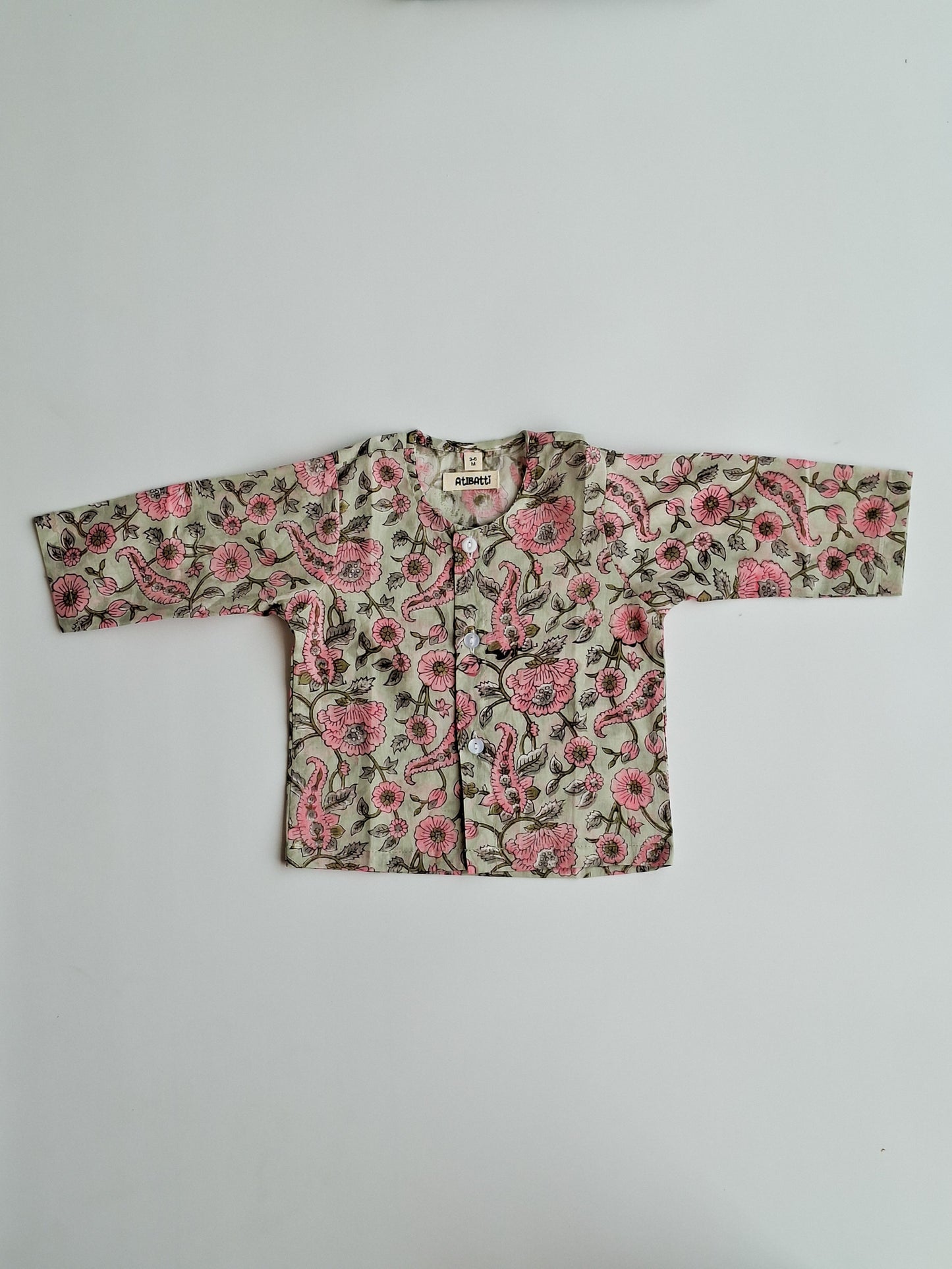 pastel floral soft cotton jhabla for newborn with traditional Indian handblock print top view
