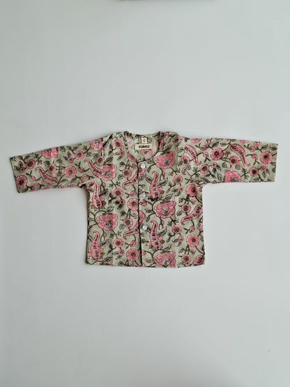 pastel floral soft cotton jhabla for newborn with traditional Indian handblock print top view
