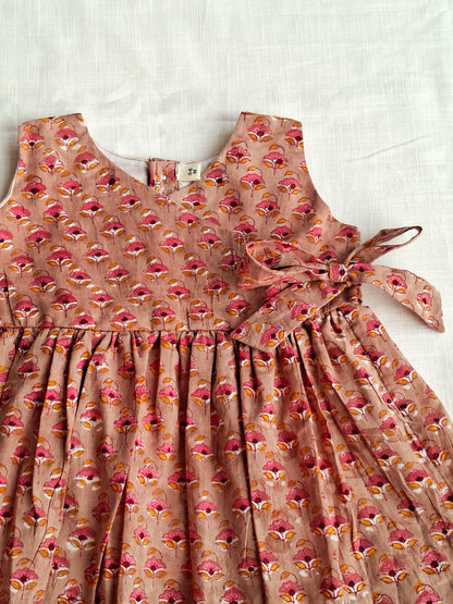 Little Daffodil Handblock Mul Mul Cotton Angarkha Frock with Side Bow