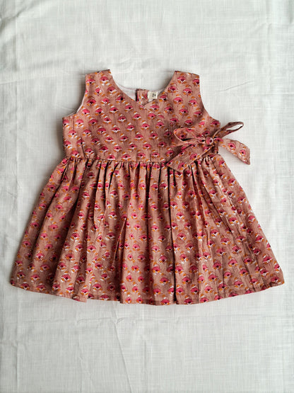 Little Daffodil Handblock Mul Mul Cotton Angarkha Frock with Side Bow