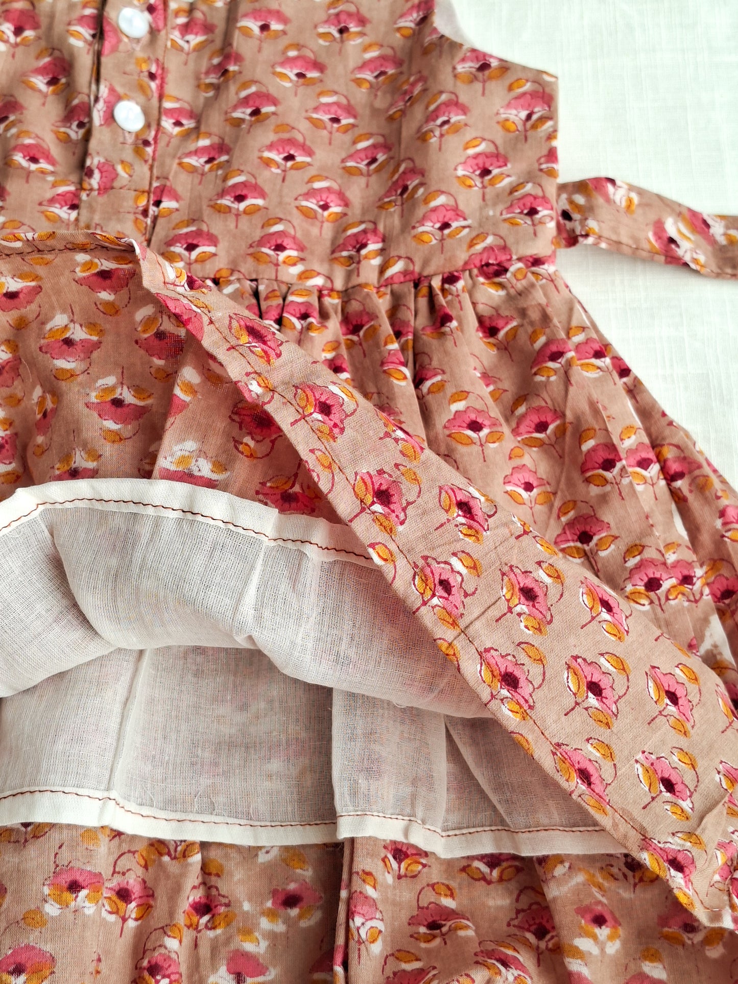 Little Daffodil Handblock Mul Mul Cotton Angarkha Frock with Side Bow