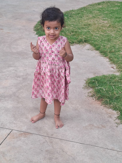 Lal Gulab Handblock Print Angarakha With Side Bow Mul Mul Cotton Frock