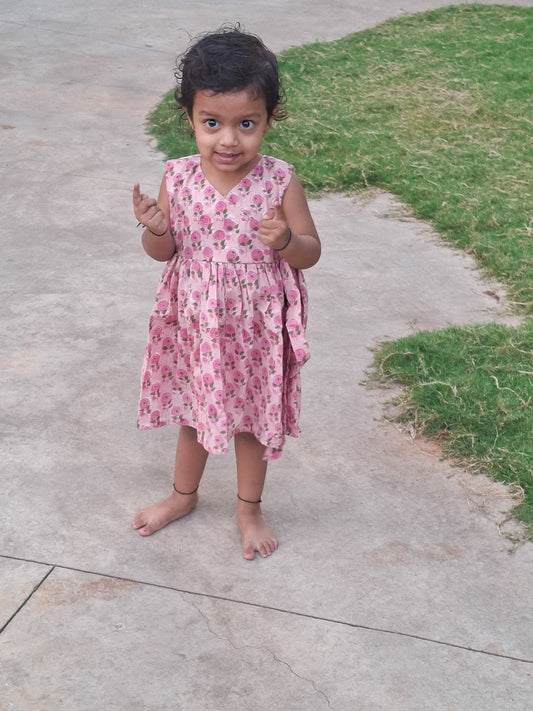 Lal Gulab Handblock Print Angarakha With Side Bow Mul Mul Cotton Frock