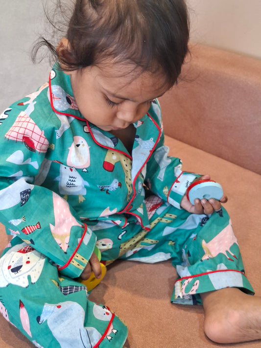 Forest Friends Pure Cotton Night Suit – Teal Green