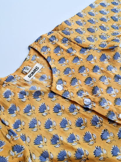 yellow blue lotus soft cotton jhabla for newborn with traditional Indian handblock print close view