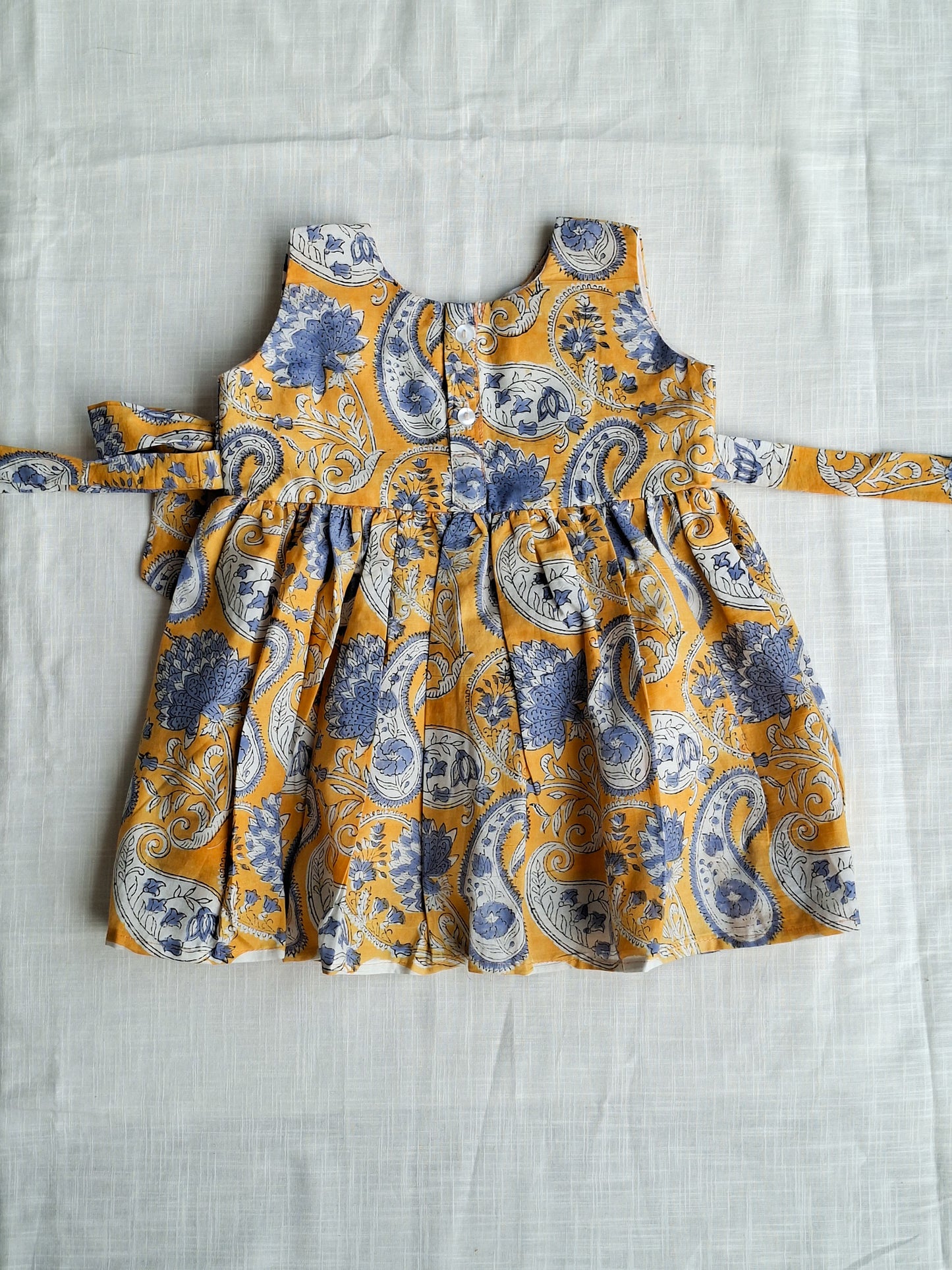 Yellow Paisley Angarakha With Side Bow HandBlock Print Mul Mul Cotton Frock