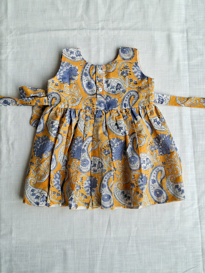 Yellow Paisley Angarakha With Side Bow HandBlock Print Mul Mul Cotton Frock
