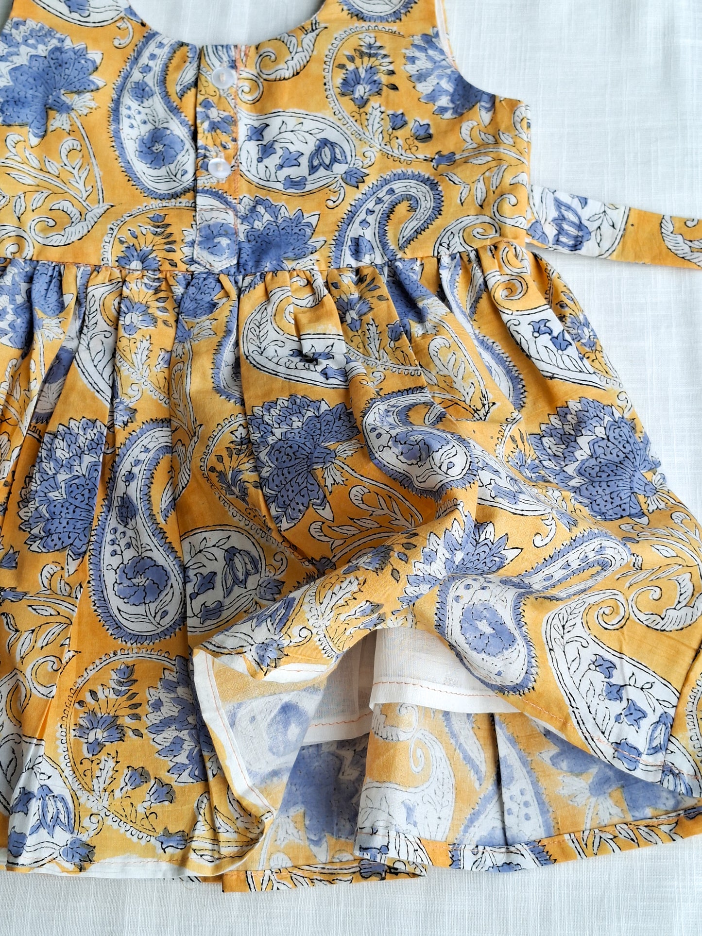 Yellow Paisley Angarakha With Side Bow HandBlock Print Mul Mul Cotton Frock