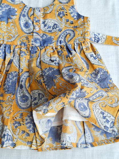 Yellow Paisley Angarakha With Side Bow HandBlock Print Mul Mul Cotton Frock
