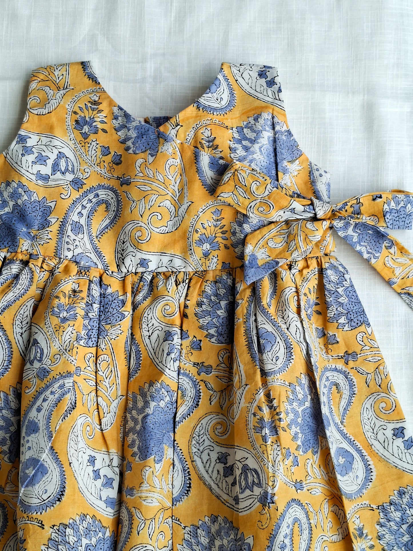 Yellow Paisley Angarakha With Side Bow HandBlock Print Mul Mul Cotton Frock